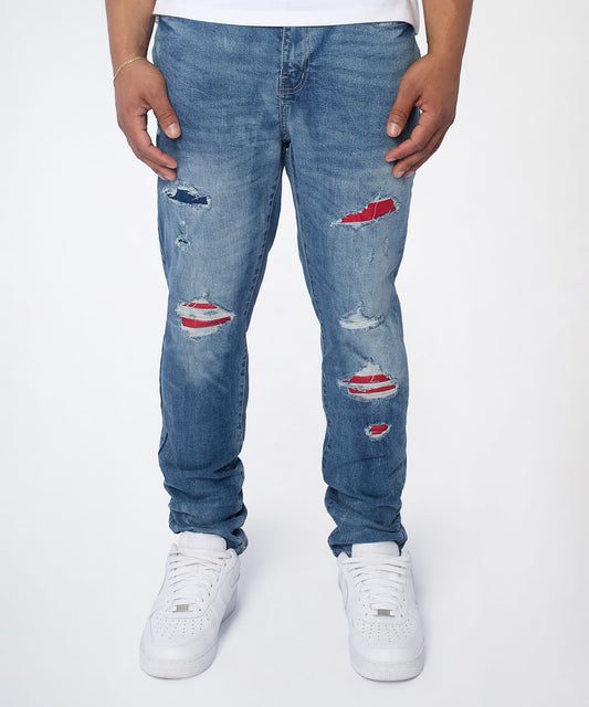 Reason Clothing Top Pick Rebel Distressed Skinny Jeans - Medium Indigo