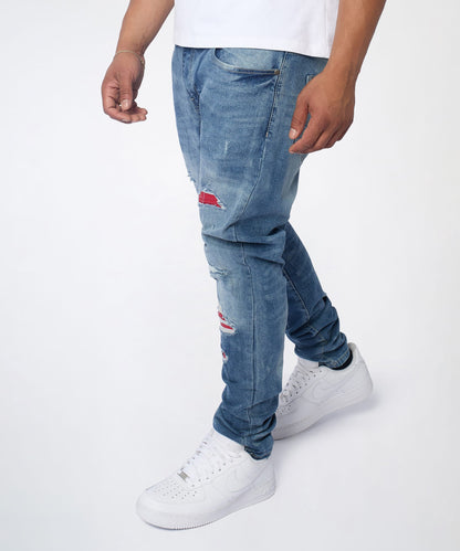 Reason Clothing Top Pick Rebel Distressed Skinny Jeans - Medium Indigo