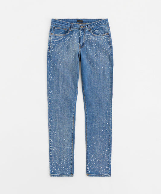 Reason Clothing Quality Stoned Out Rhinestone Denim Skinny Jeans - Light Blue