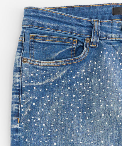 Reason Clothing Quality Stoned Out Rhinestone Denim Skinny Jeans - Light Blue