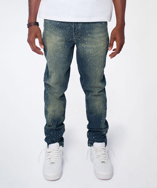 Reason Clothing Smart Buy Starburst Rhinestone Distressed Skinny Jeans - Dark Blue