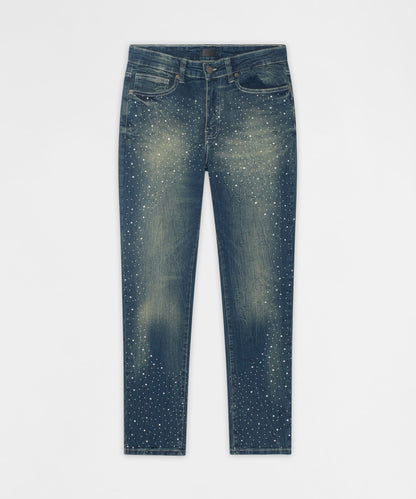 Reason Clothing Smart Buy Starburst Rhinestone Distressed Skinny Jeans - Dark Blue