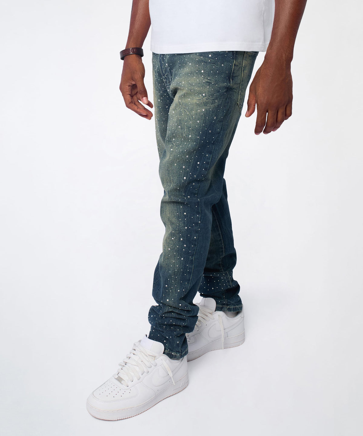 Reason Clothing Smart Buy Starburst Rhinestone Distressed Skinny Jeans - Dark Blue