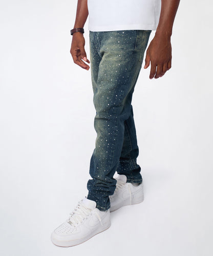 Reason Clothing Smart Buy Starburst Rhinestone Distressed Skinny Jeans - Dark Blue