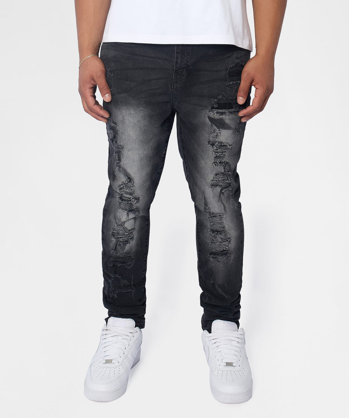 Reason Clothing Popular Renegade Distressed Skinny Jeans - Black