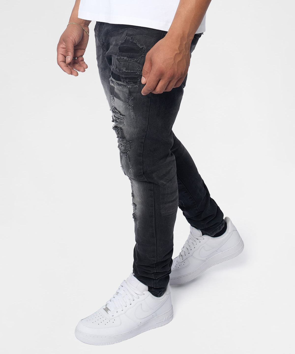Reason Clothing Popular Renegade Distressed Skinny Jeans - Black