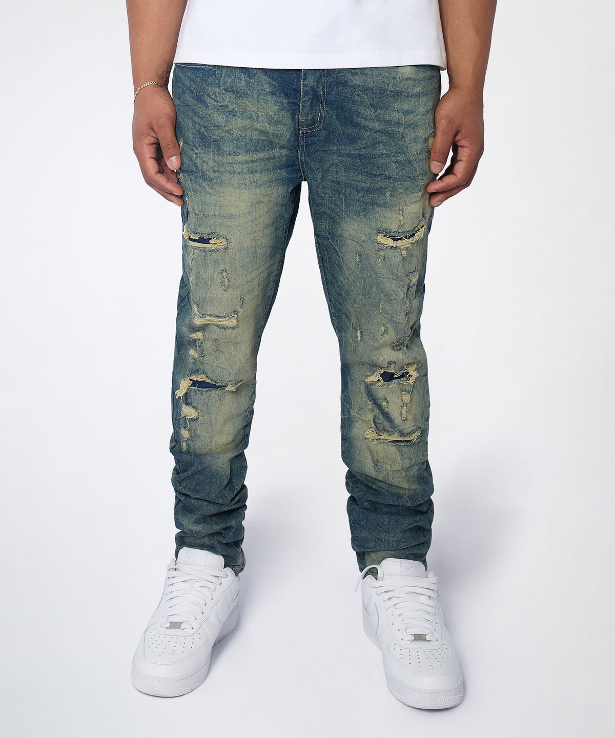 Reason Clothing Popular Blasted Distressed Skinny Jeans - Blue