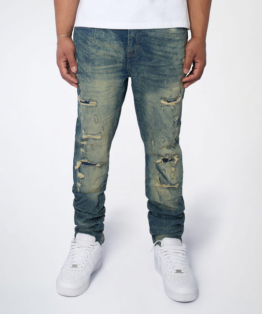 Reason Clothing Popular Blasted Distressed Skinny Jeans - Blue