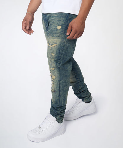 Reason Clothing Popular Blasted Distressed Skinny Jeans - Blue