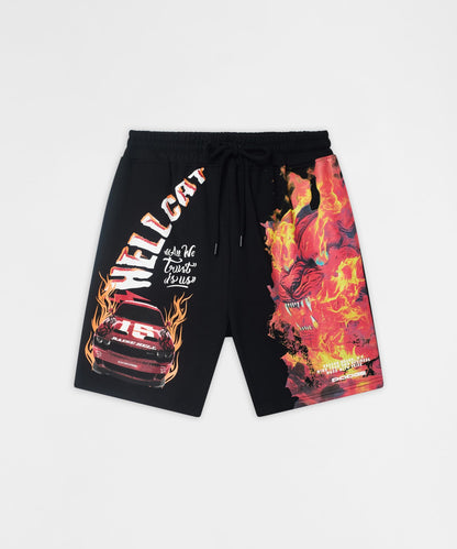 Reason Clothing Best Price Dodge Hellcat Graphic Fleece Shorts - Black