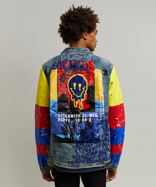 Reason Clothing Best Seller Greenwich Denim Jacket With Graphic Detail