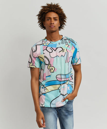 Reason Clothing Premium Neo World Allover Print Graphic Tee