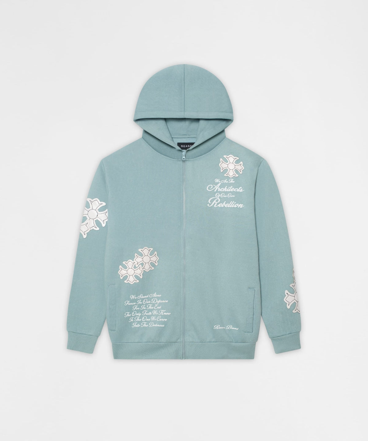 Reason Clothing Top Pick Rebellion Chenille Patched Zip Up Hoodie - Medium Blue