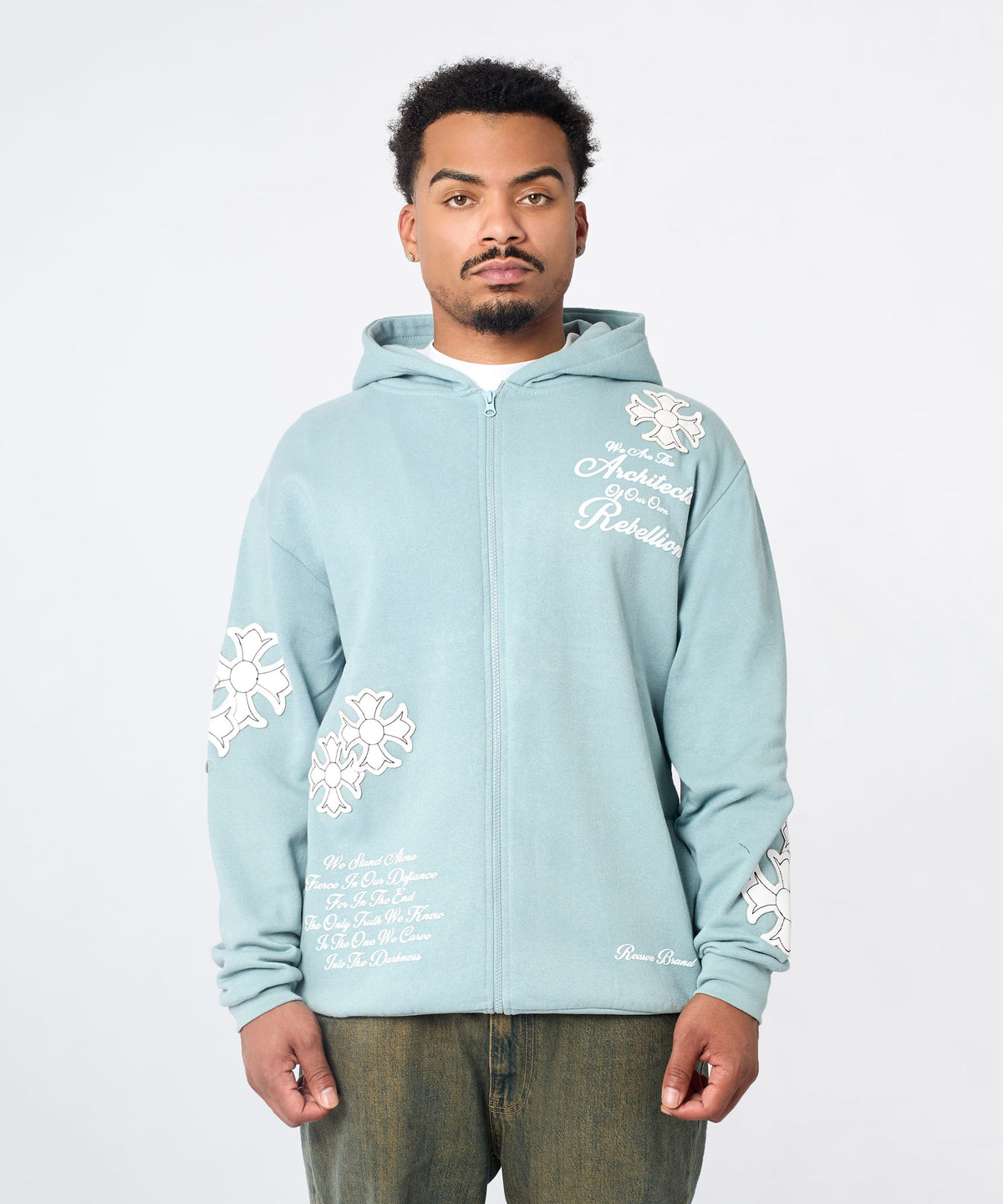 Reason Clothing Top Pick Rebellion Chenille Patched Zip Up Hoodie - Medium Blue