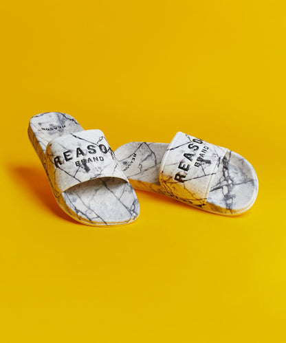 Reason Clothing New Marble Allover Print Logo Slides - White