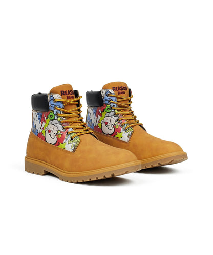 Reason Clothing Hot Sale Popeye X Reason Collab Faux Suede Comic Print Boots - Tan
