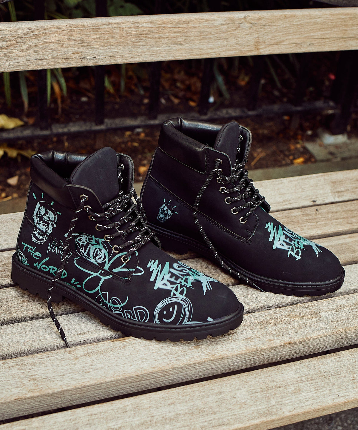 Reason Clothing Best Seller Skull Flower Faux Suede Graffiti Print Boots - Black