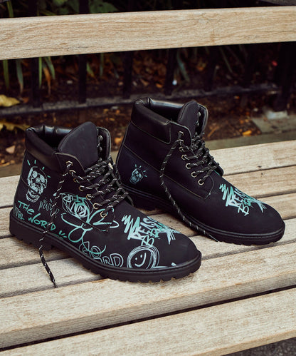 Reason Clothing Best Seller Skull Flower Faux Suede Graffiti Print Boots - Black