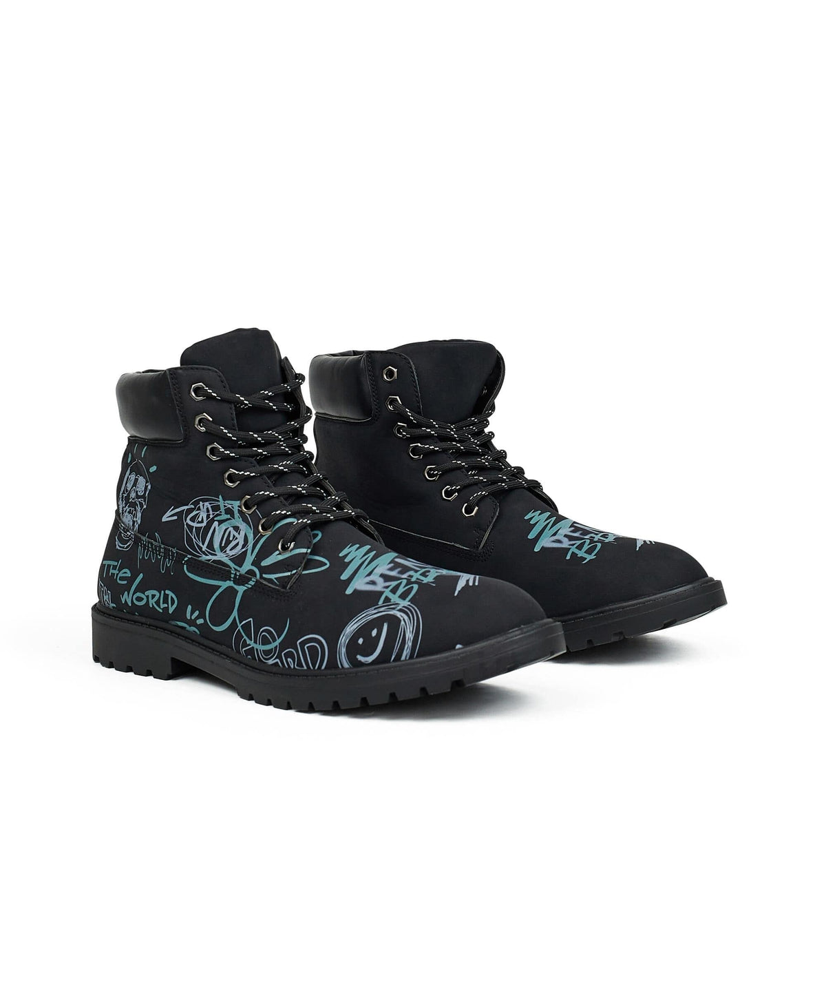 Reason Clothing Best Seller Skull Flower Faux Suede Graffiti Print Boots - Black