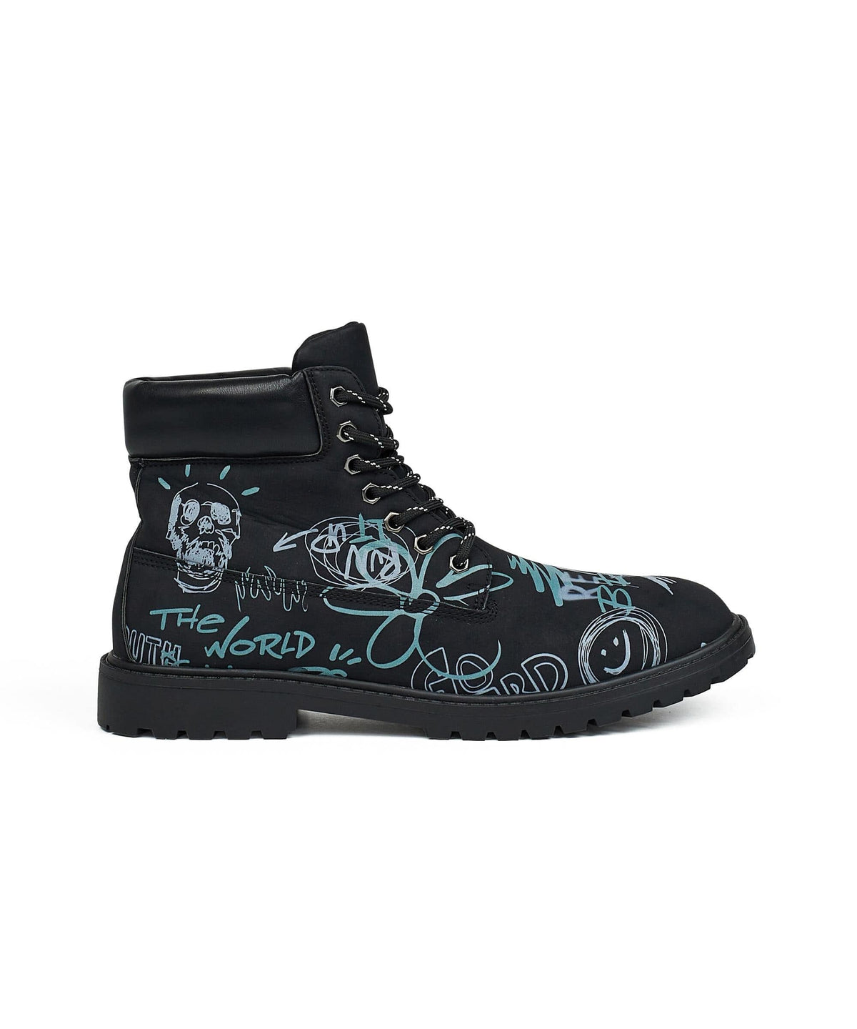 Reason Clothing Best Seller Skull Flower Faux Suede Graffiti Print Boots - Black