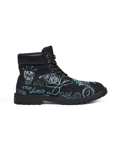Reason Clothing Best Seller Skull Flower Faux Suede Graffiti Print Boots - Black