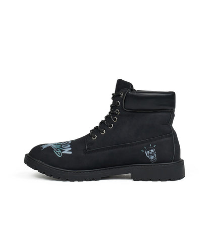 Reason Clothing Best Seller Skull Flower Faux Suede Graffiti Print Boots - Black