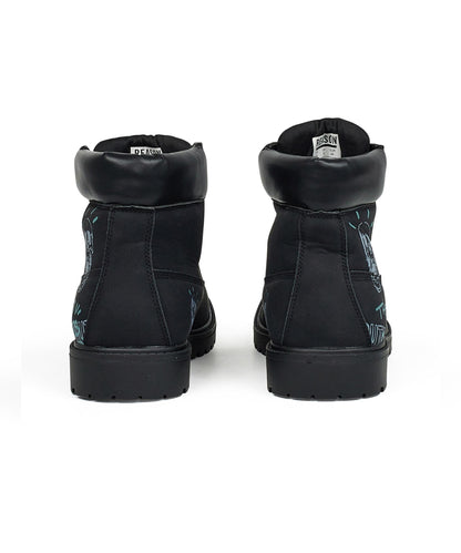 Reason Clothing Best Seller Skull Flower Faux Suede Graffiti Print Boots - Black