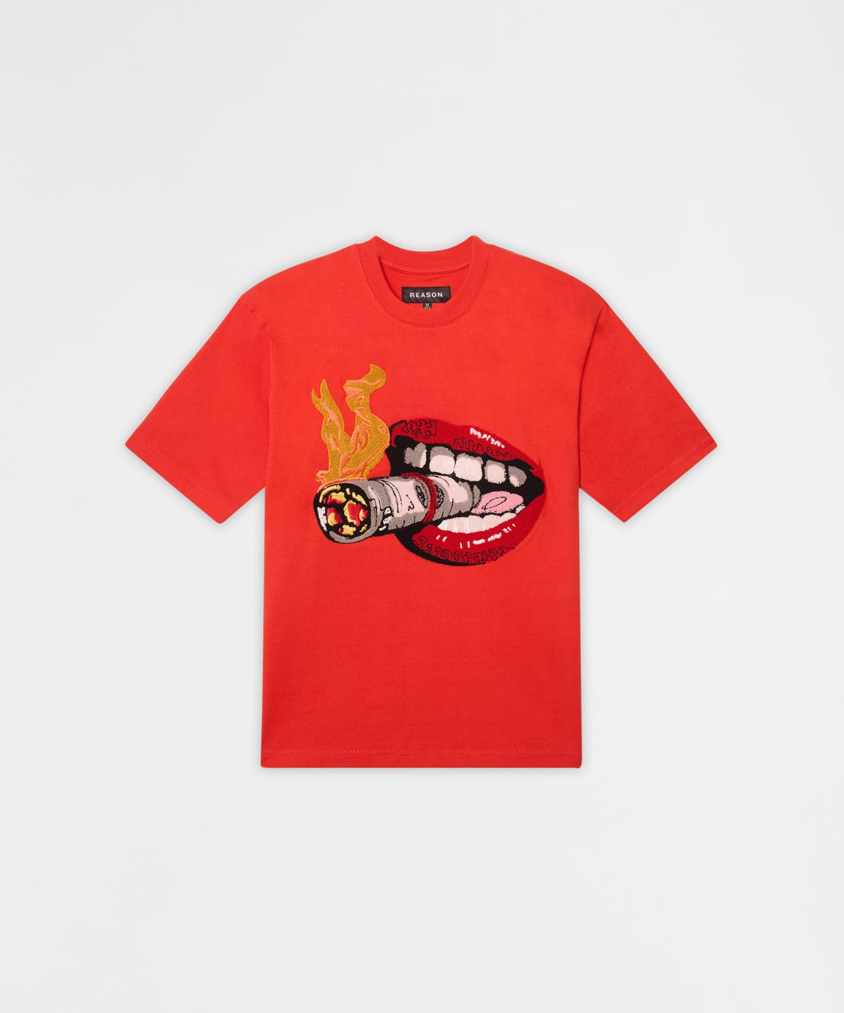 Reason Clothing Trending Burning Smoke Chenille Embroidered Short Sleeve Tee - Red