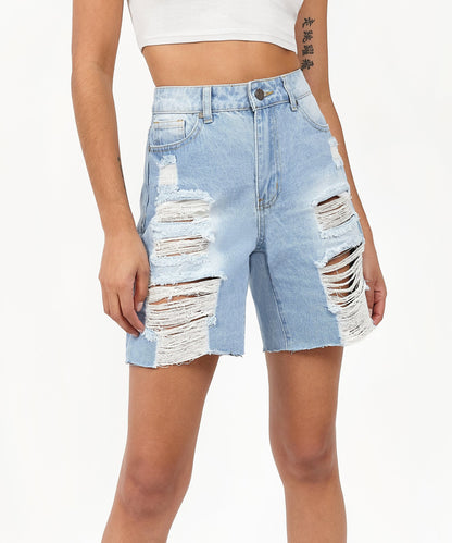 Reason Clothing Value Sofia Women's Distressed High-Waist Denim Shorts - Blue