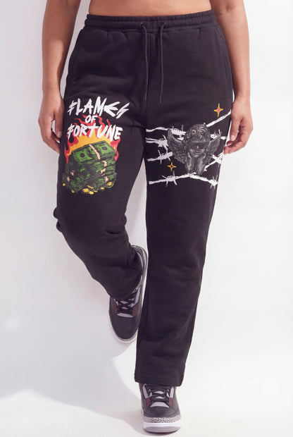 Reason Clothing Latest Flames Of Fortune Women's Graphic Plus Size Sweatpants - Black