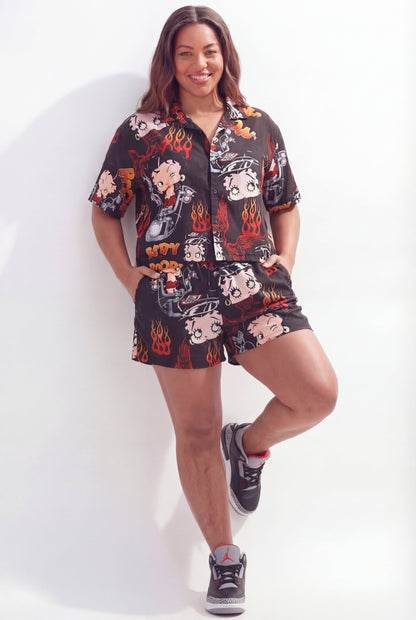 Reason Clothing Trending Betty Boop Road Rebel Women's Plus Size Short Sleeve Shirt - Black
