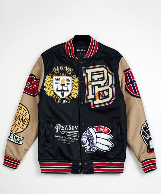 Reason Clothing Smart Buy Kids Masters Division Chenille Patched Varsity Jacket - Black