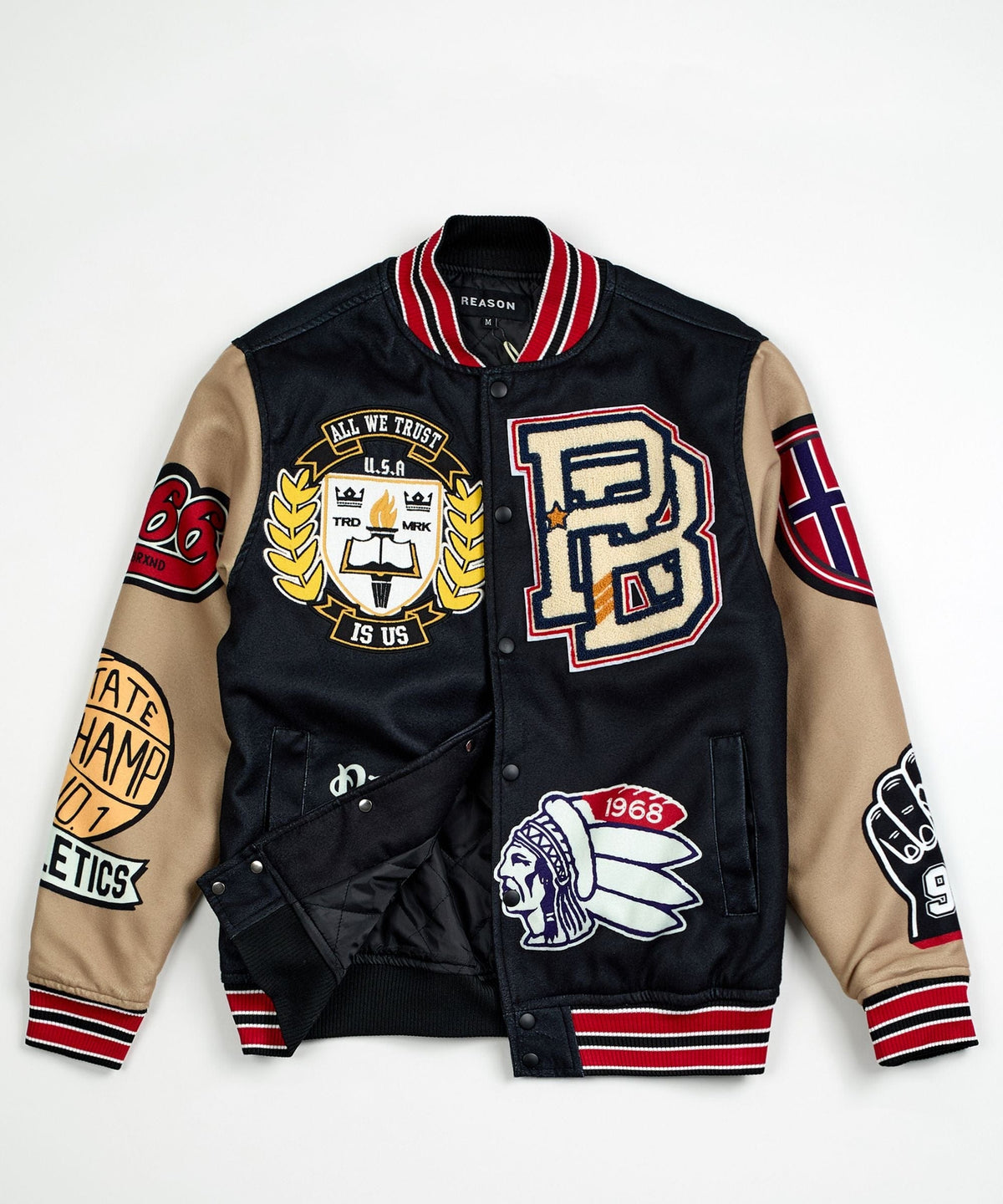 Reason Clothing Smart Buy Kids Masters Division Chenille Patched Varsity Jacket - Black