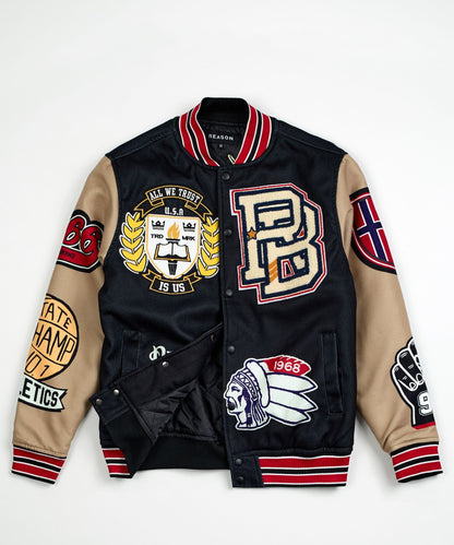 Reason Clothing Smart Buy Kids Masters Division Chenille Patched Varsity Jacket - Black