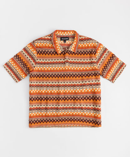 Reason Clothing Smart Buy Kids Retro Jacquard Button-Down Short Sleeve Polo Shirt - Brown