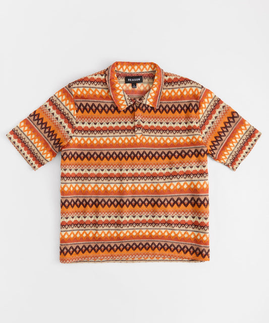 Reason Clothing Smart Buy Kids Retro Jacquard Button-Down Short Sleeve Polo Shirt - Brown