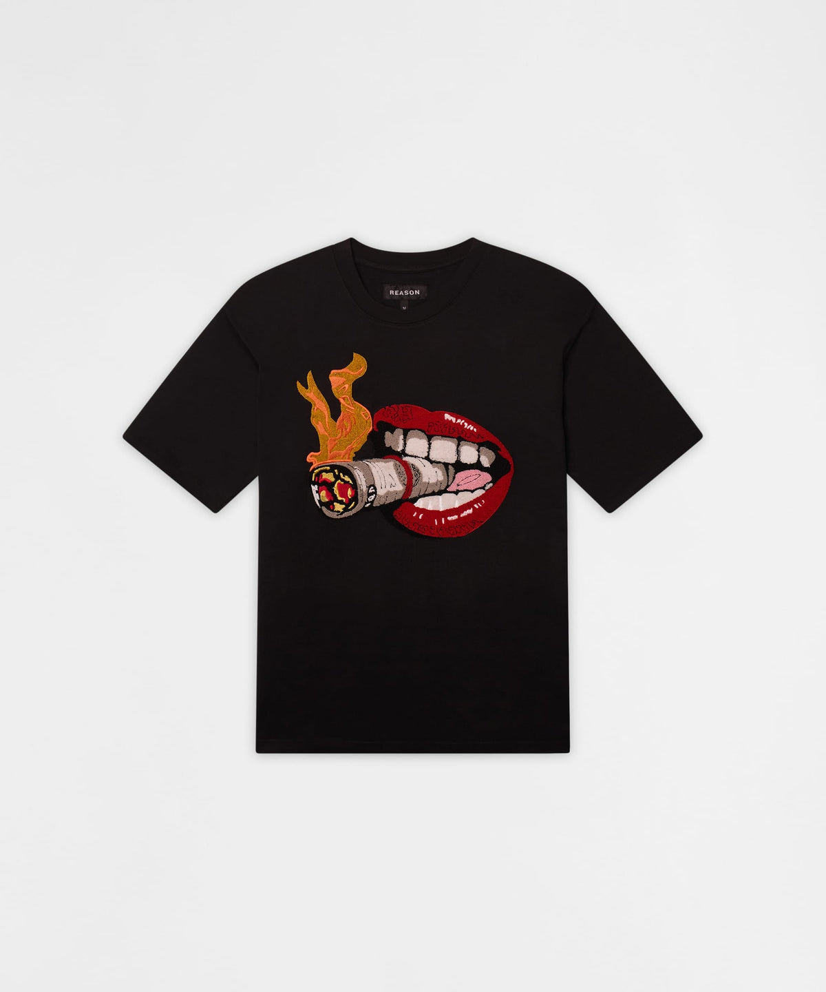 Reason Clothing Quality Burning Smoke Chenille Embroidered Short Sleeve Tee - Black