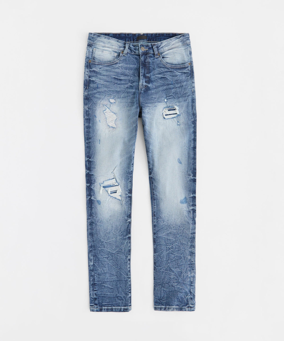 Reason Clothing Classic Wrinkled Wash Distressed Skinny Jeans - Medium Blue