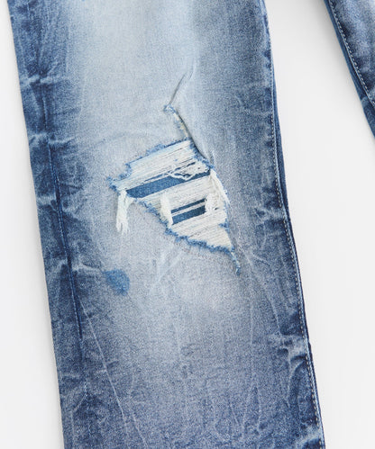 Reason Clothing Classic Wrinkled Wash Distressed Skinny Jeans - Medium Blue
