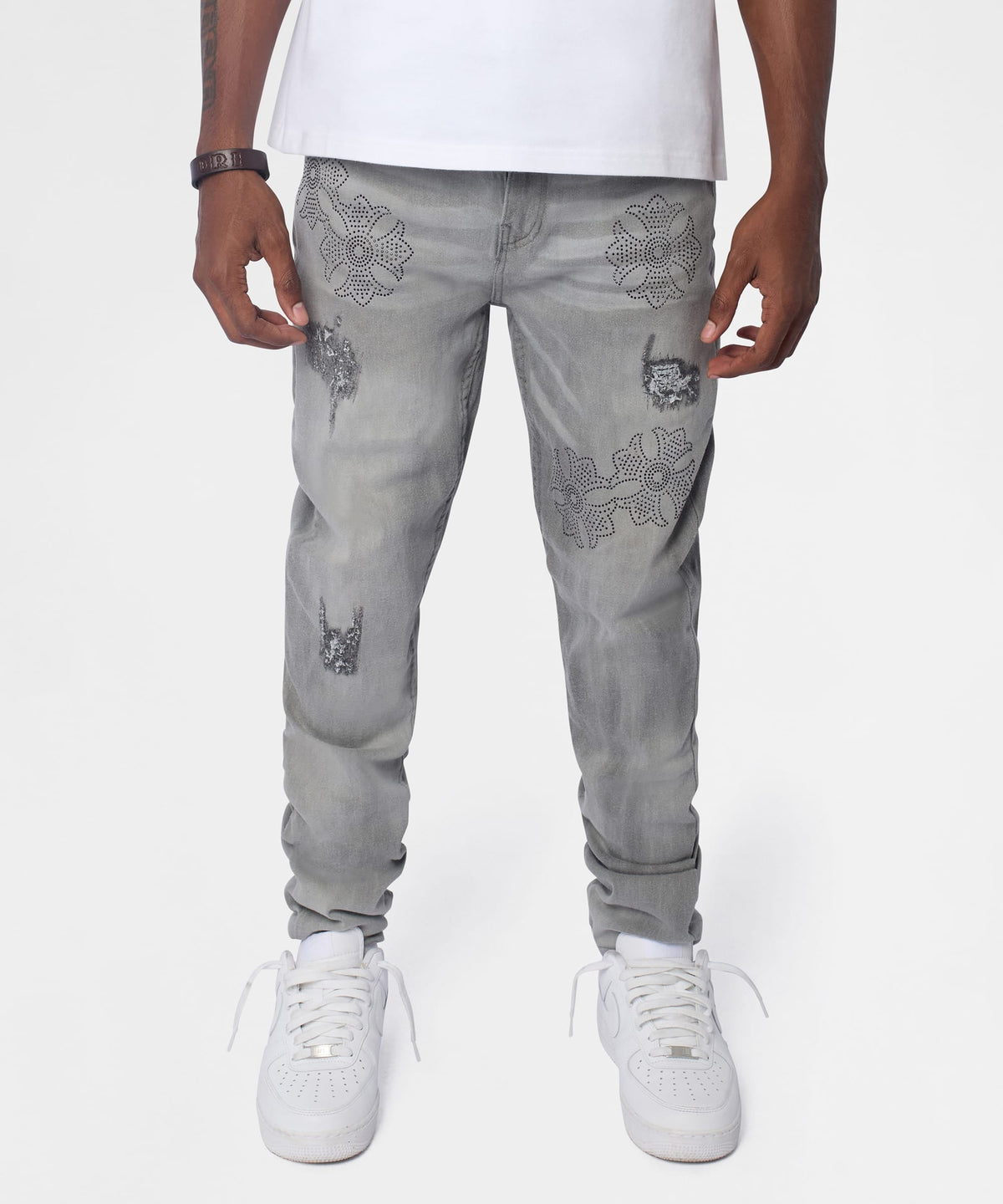 Reason Clothing Signature Floral Rhinestone Distressed Skinny Jeans - Grey