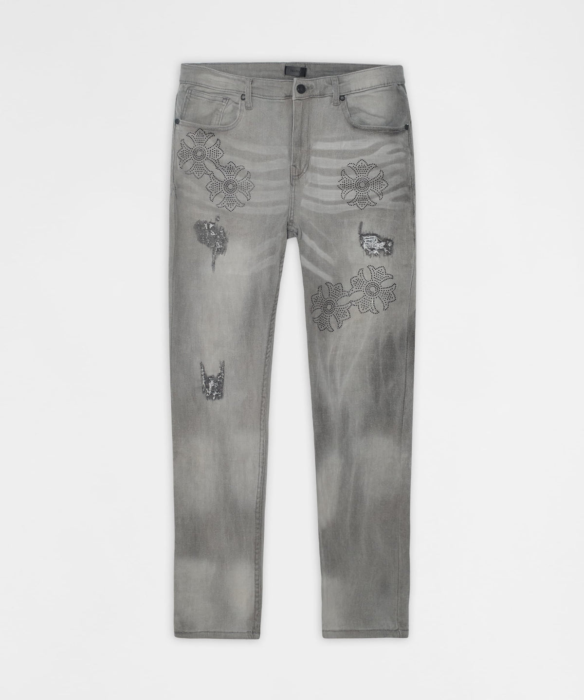 Reason Clothing Signature Floral Rhinestone Distressed Skinny Jeans - Grey