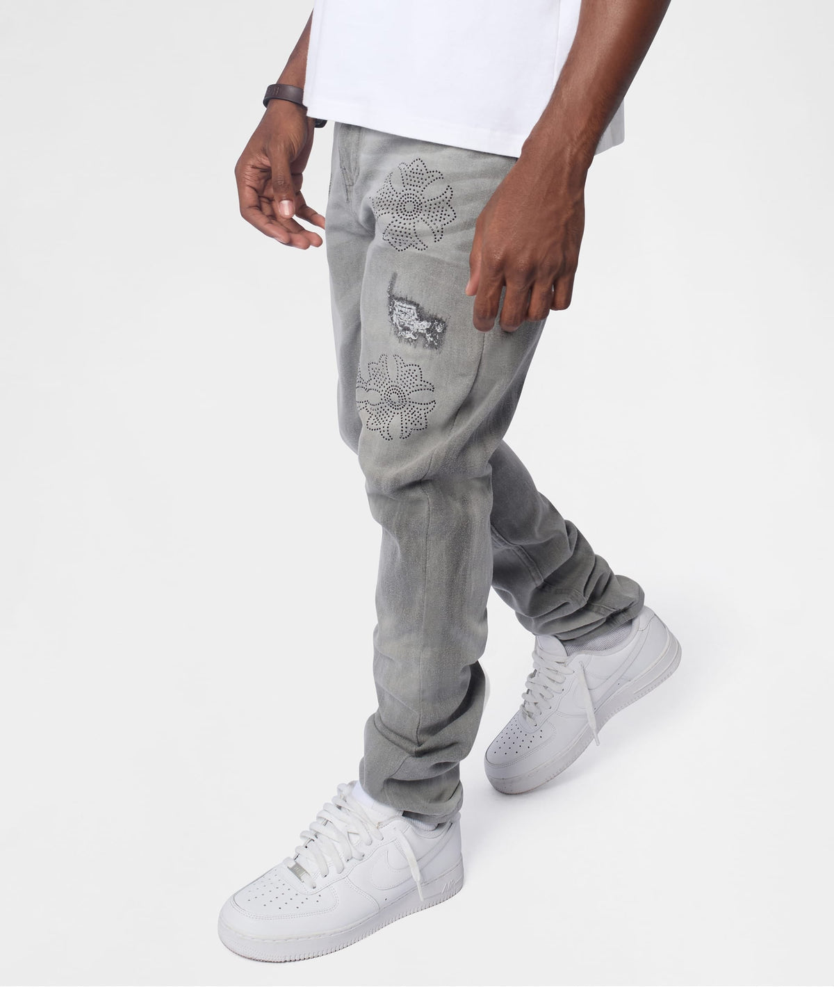Reason Clothing Signature Floral Rhinestone Distressed Skinny Jeans - Grey
