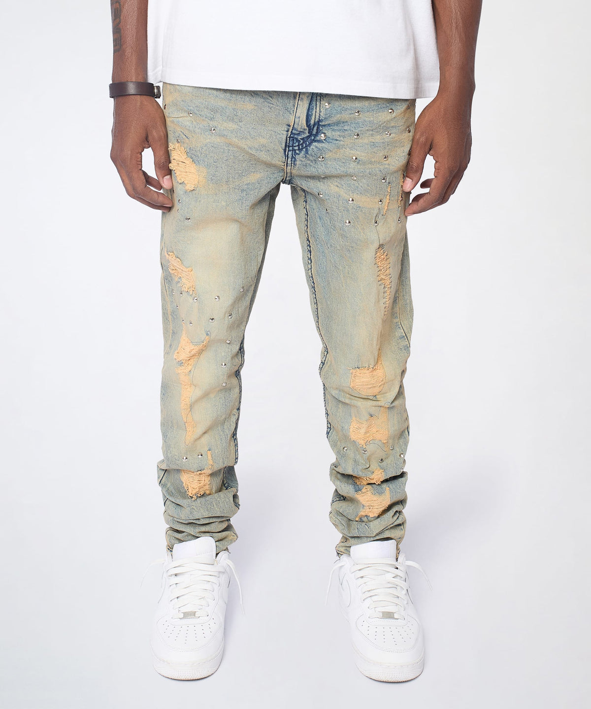 Reason Clothing Quality Ladder Distressed Studded Skinny Jean - Blue