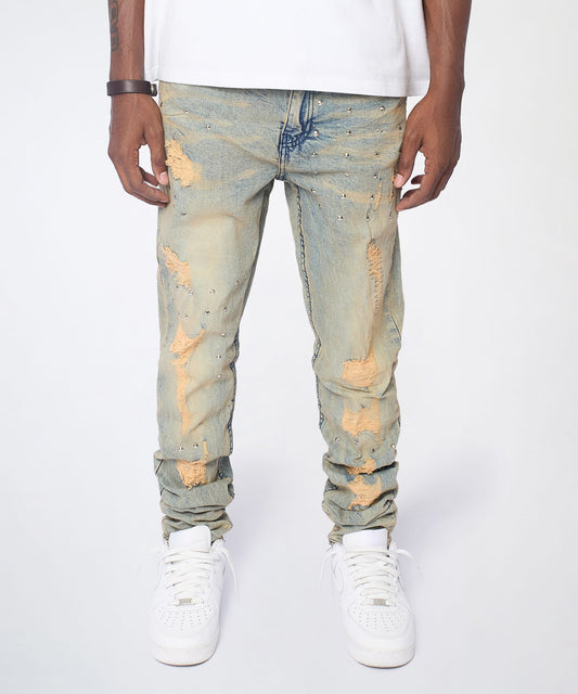 Reason Clothing Quality Ladder Distressed Studded Skinny Jean - Blue