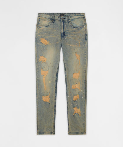 Reason Clothing Quality Ladder Distressed Studded Skinny Jean - Blue