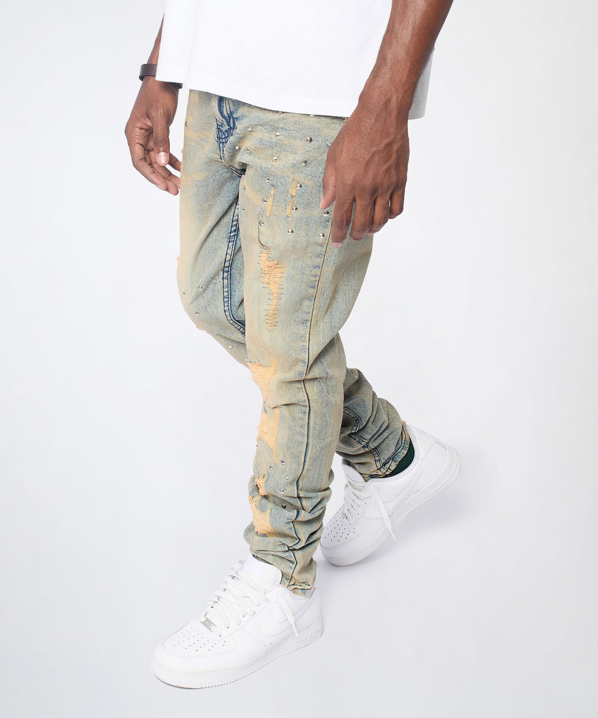 Reason Clothing Quality Ladder Distressed Studded Skinny Jean - Blue
