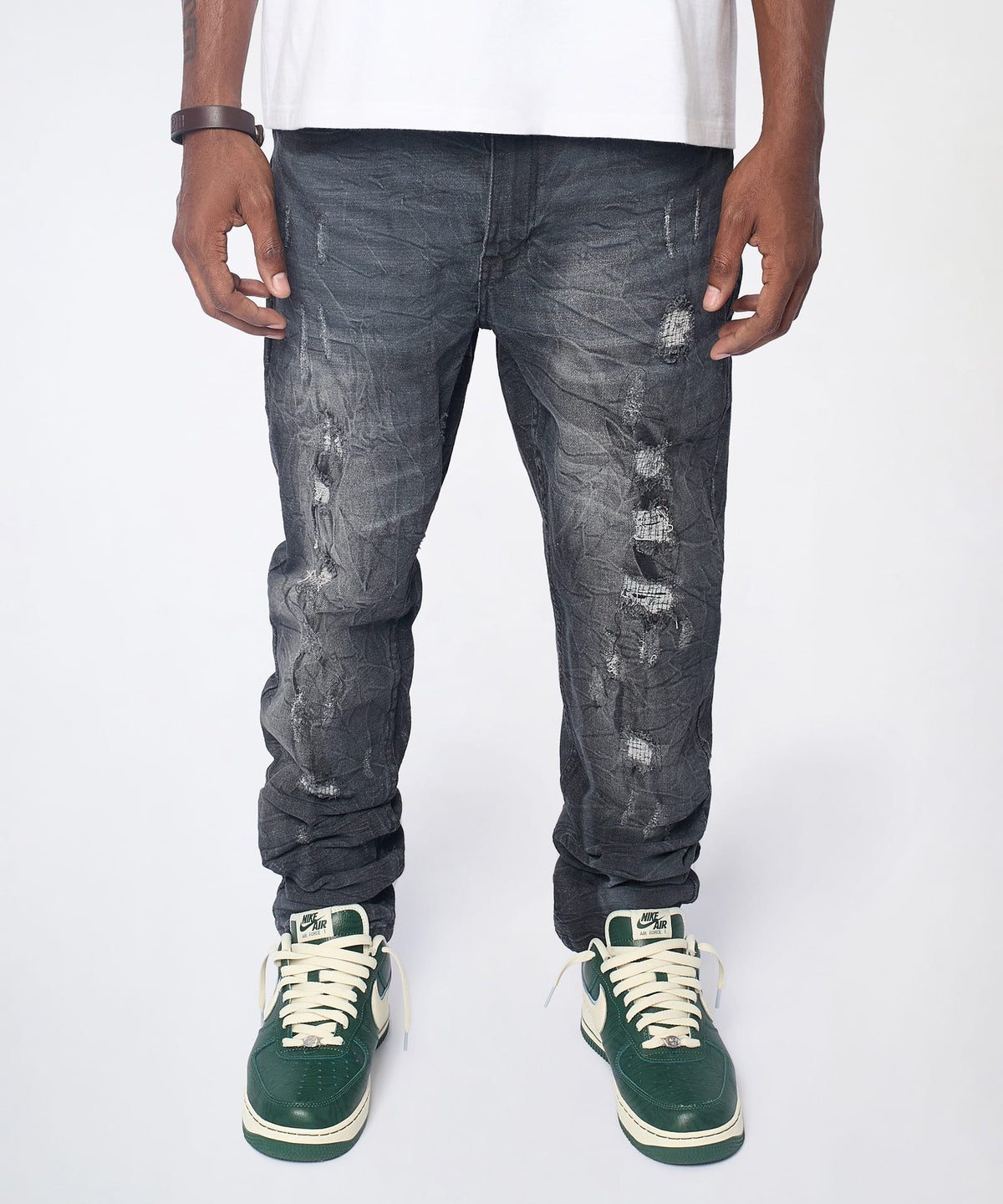 Reason Clothing Popular Crinkle Wash Distressed Skinny Jeans - Black