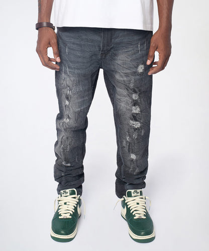 Reason Clothing Popular Crinkle Wash Distressed Skinny Jeans - Black