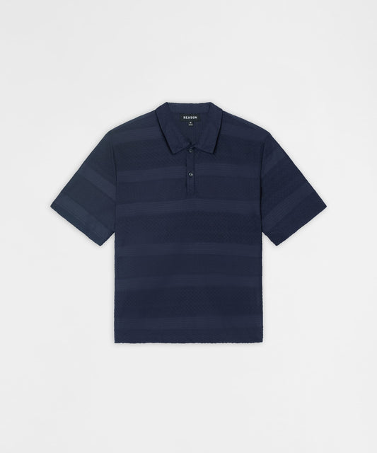 Reason Clothing Best Seller Vertical Jacquard Knit Short Sleeve Polo Shirt - Navy