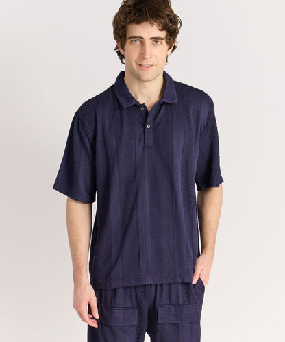 Reason Clothing Best Seller Vertical Jacquard Knit Short Sleeve Polo Shirt - Navy
